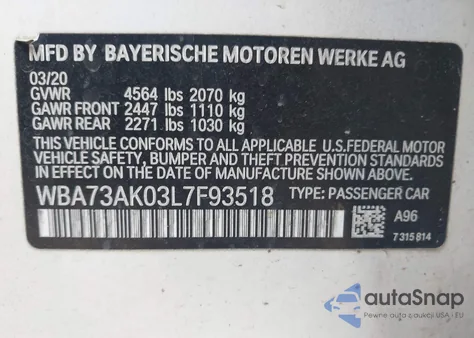 2020 BMW 228I Gran Coupe xDrive z USA, uszkodzony, nr VIN WBA73AK03L7F93518